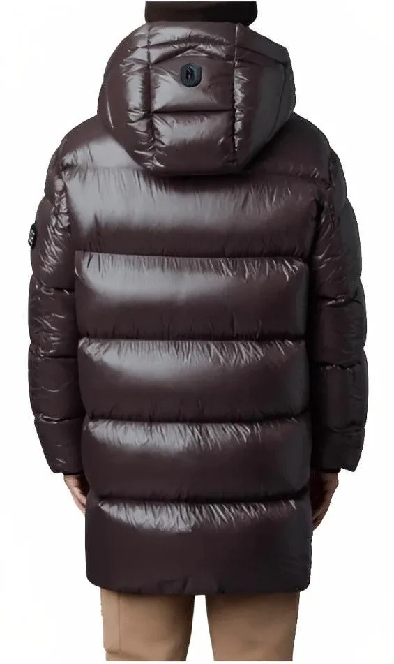 Men's Chocolate Brown Trench Puffer Coat with Removable Hood