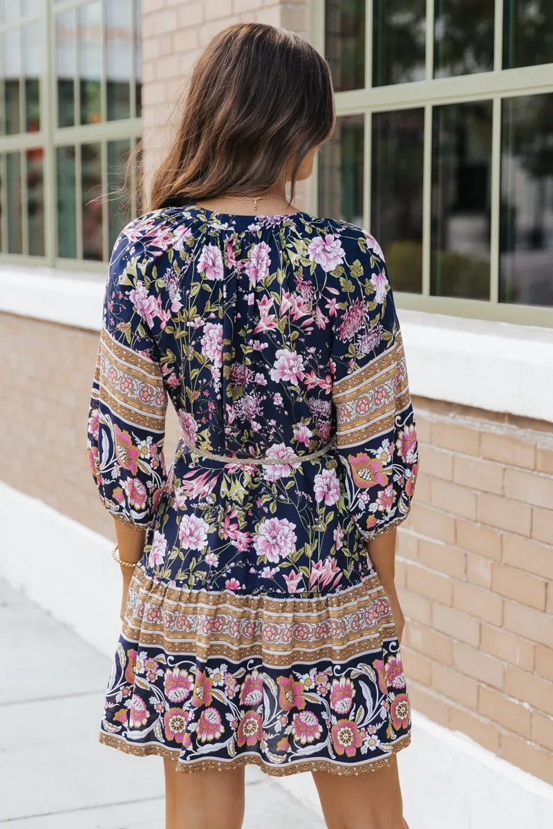 Navy Border Print Belted Mini Dress - FINAL SALE