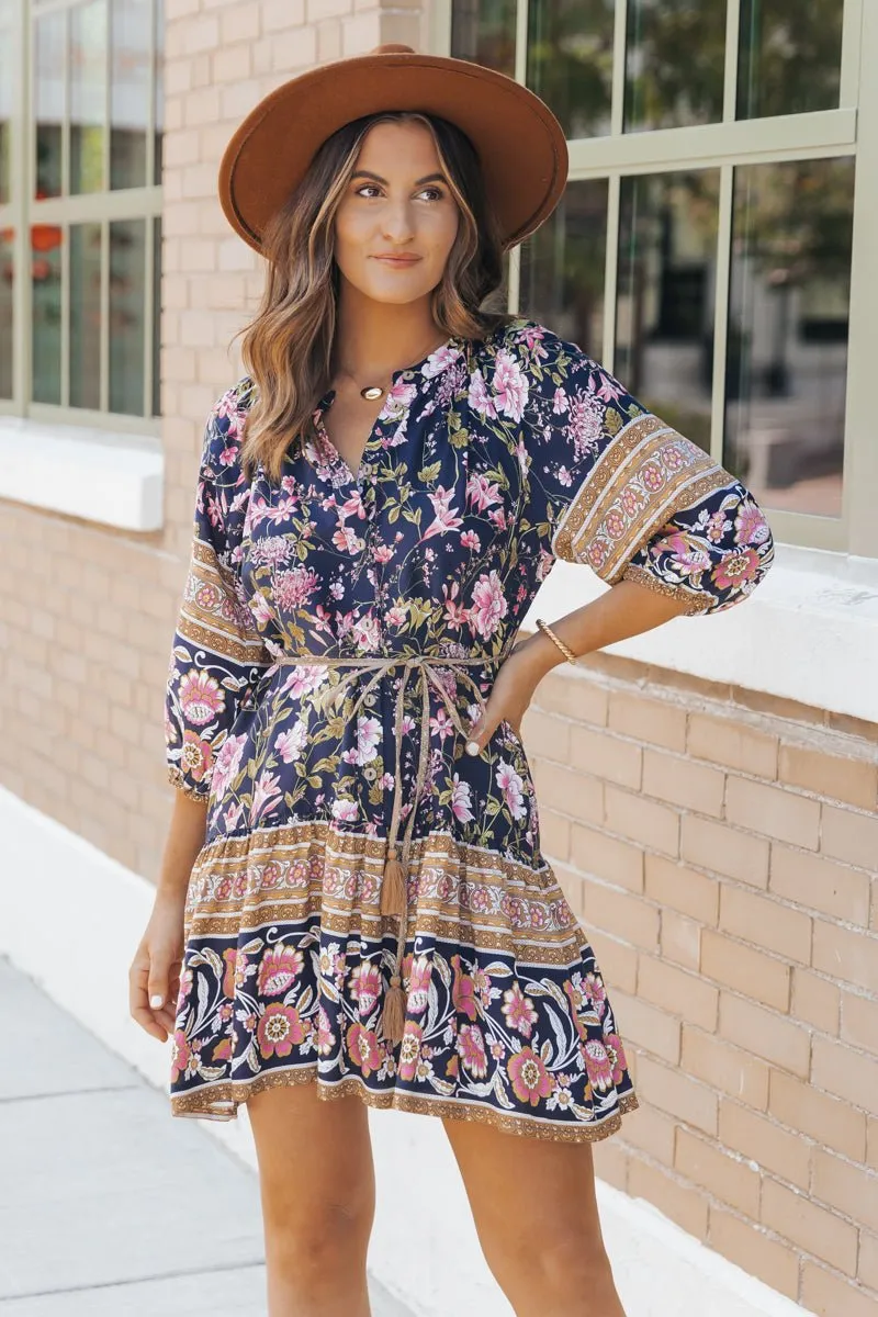 Navy Border Print Belted Mini Dress - FINAL SALE