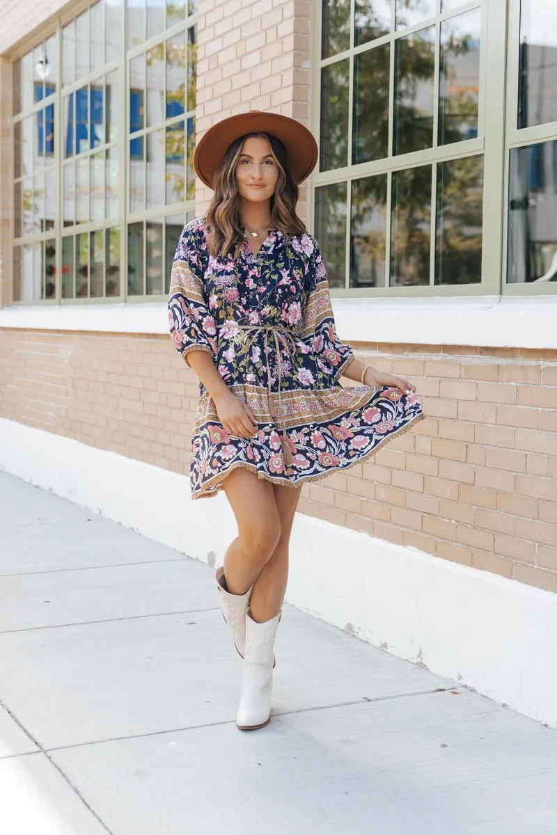 Navy Border Print Belted Mini Dress - FINAL SALE