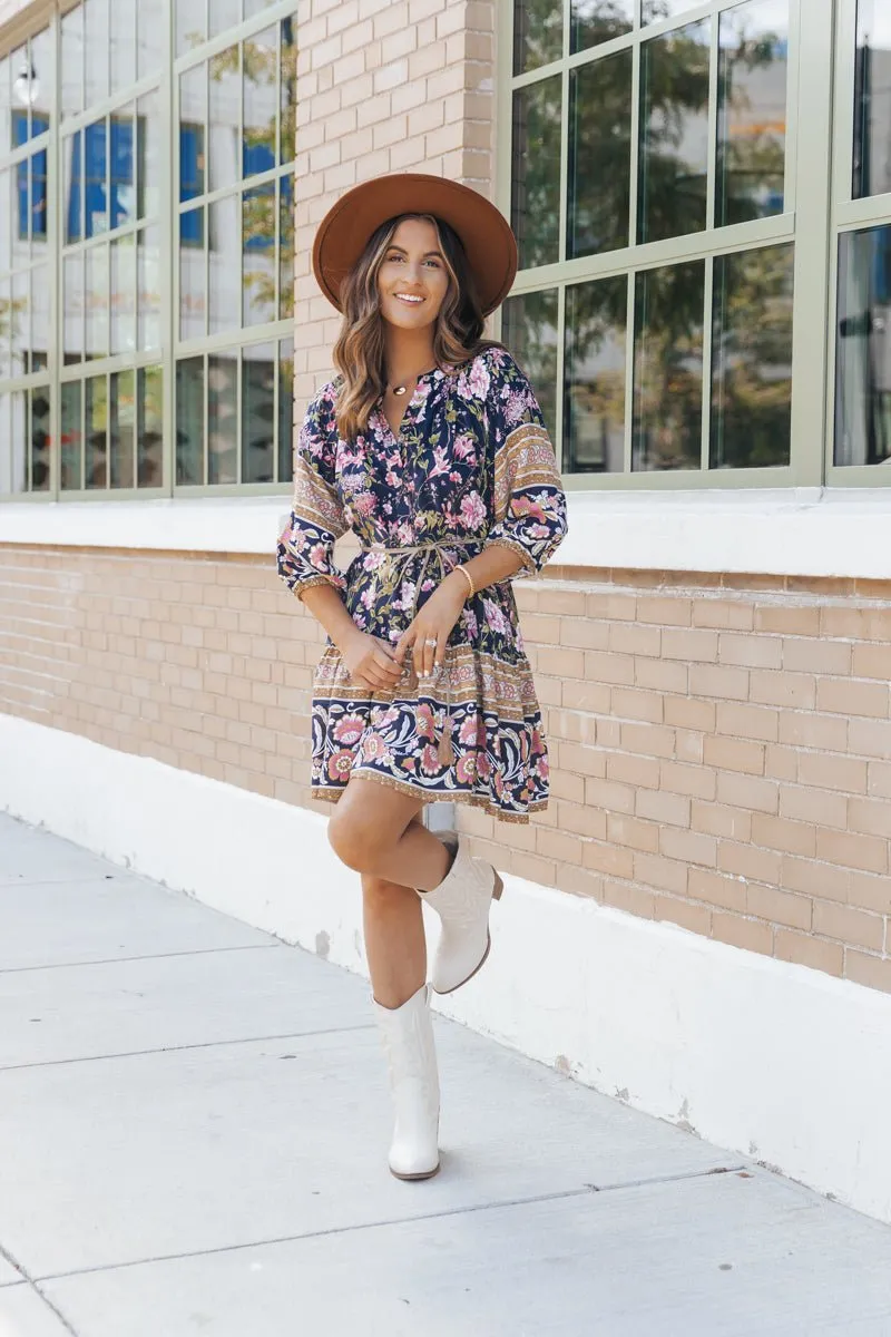 Navy Border Print Belted Mini Dress - FINAL SALE