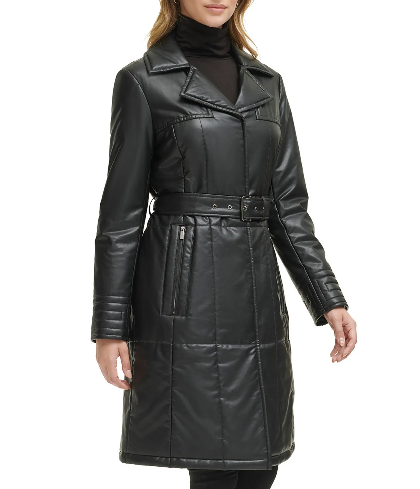 Quilted Faux Leather Belted Trench