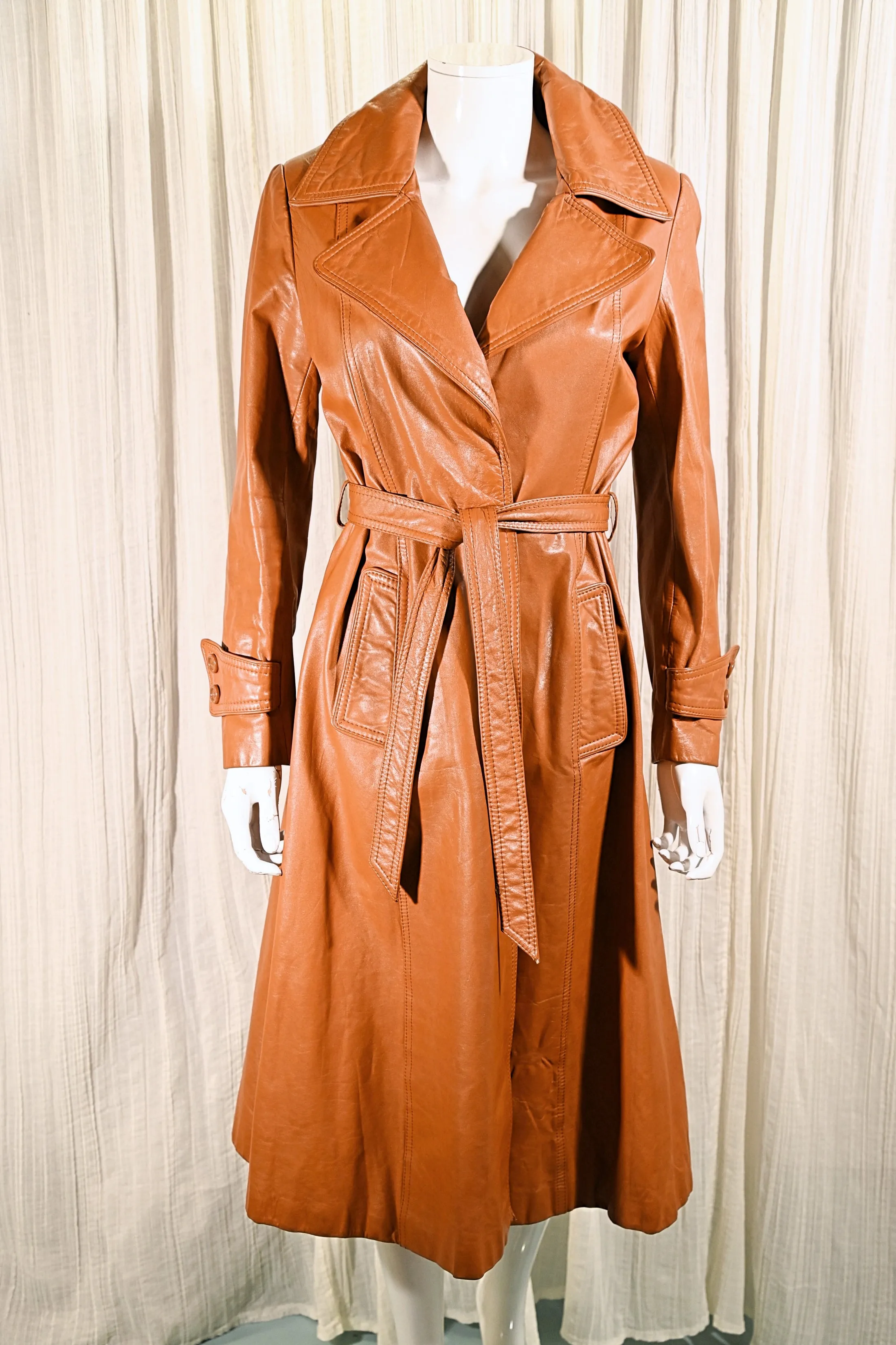 SOLD Vintage 70s Leather Trench Coat, 1970s Leather Midi Coat, Jet Set of Calif S