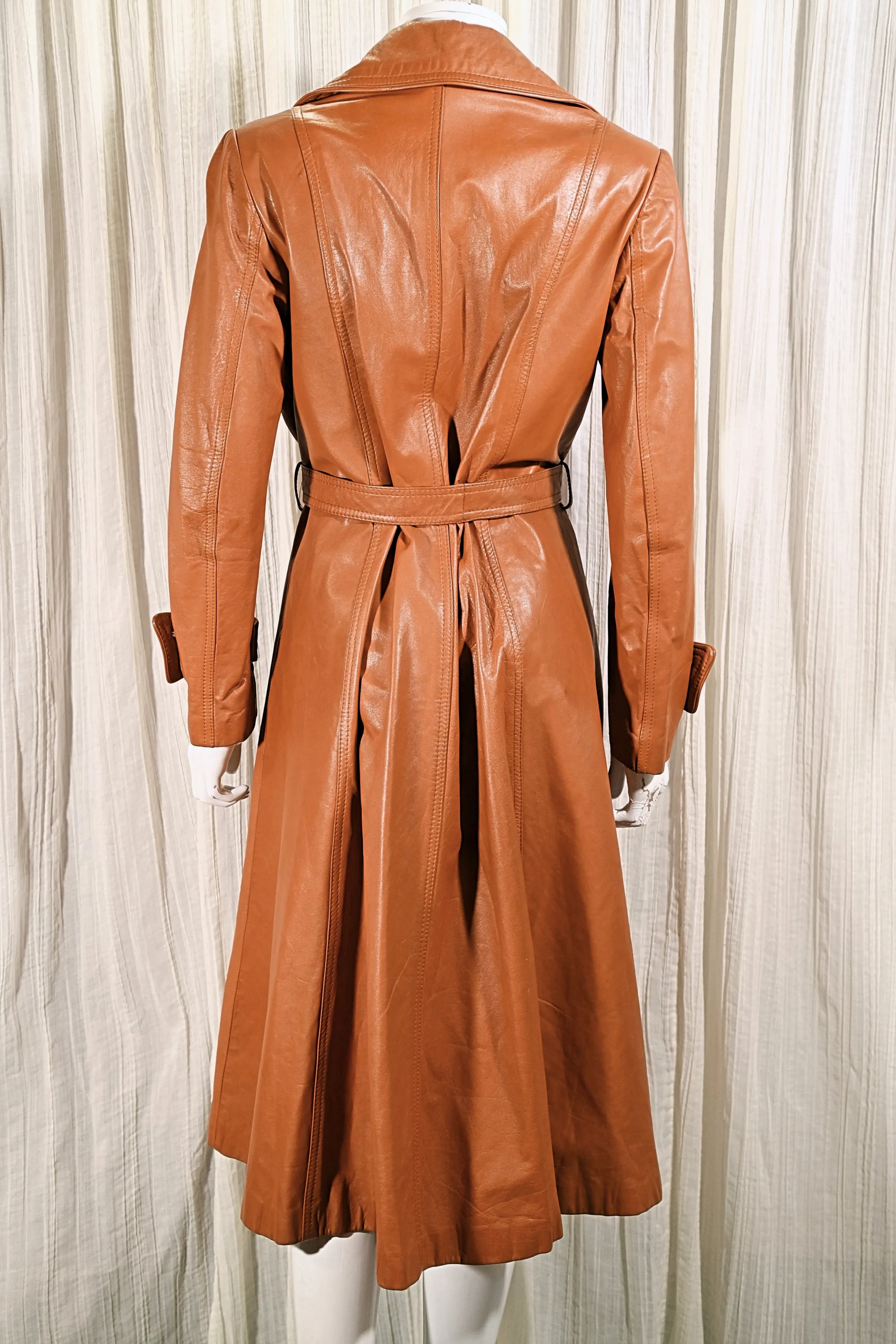 SOLD Vintage 70s Leather Trench Coat, 1970s Leather Midi Coat, Jet Set of Calif S