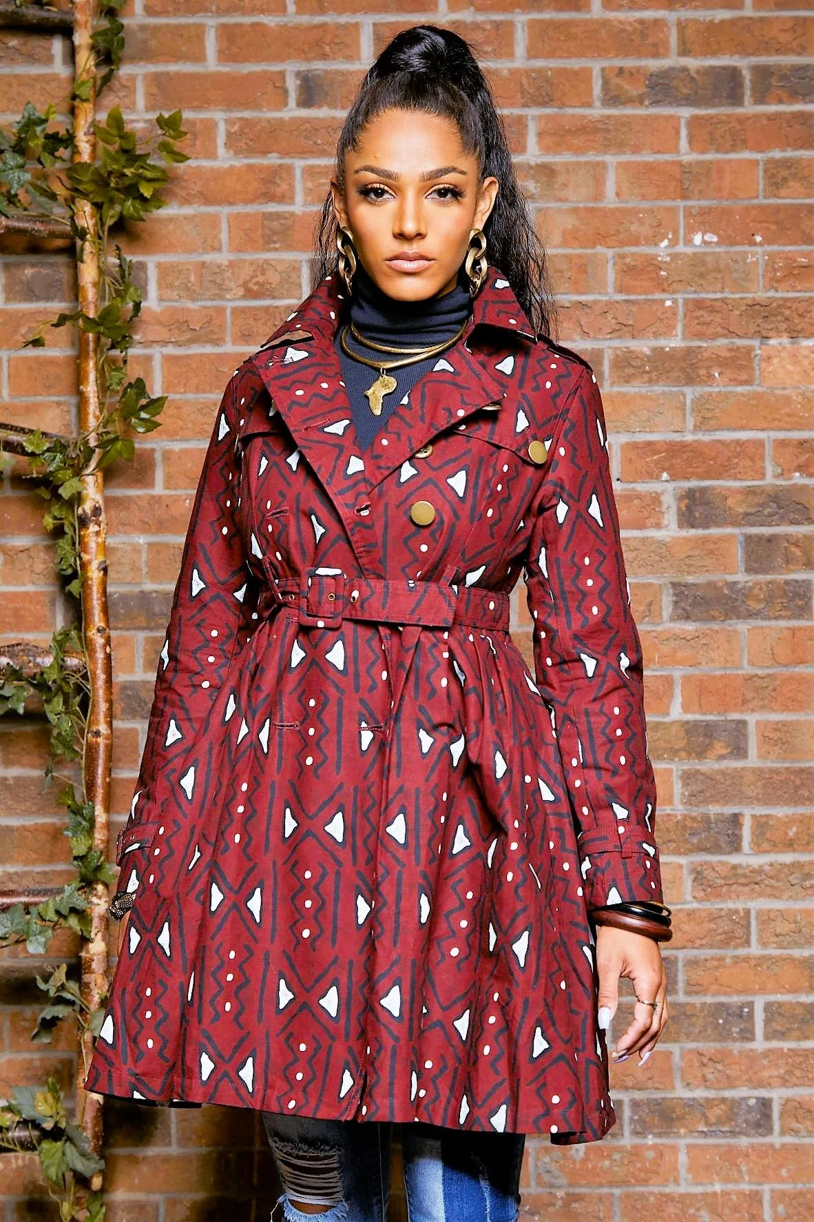 TRIBAL PRINT TRENCH COAT DRESS