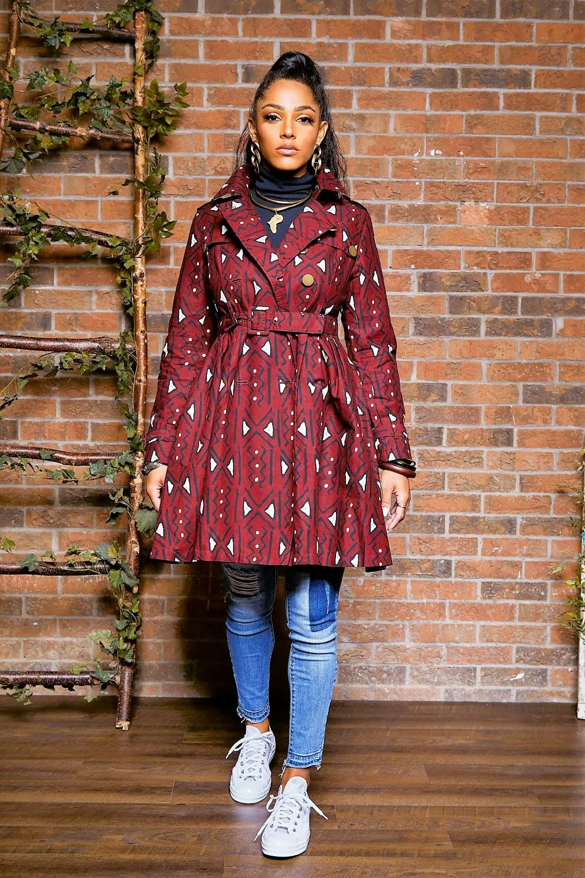 TRIBAL PRINT TRENCH COAT DRESS