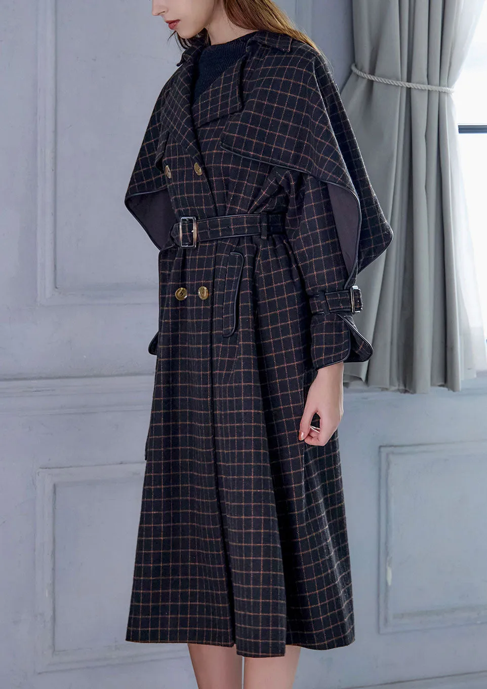 Windowpane umbrella trench coat