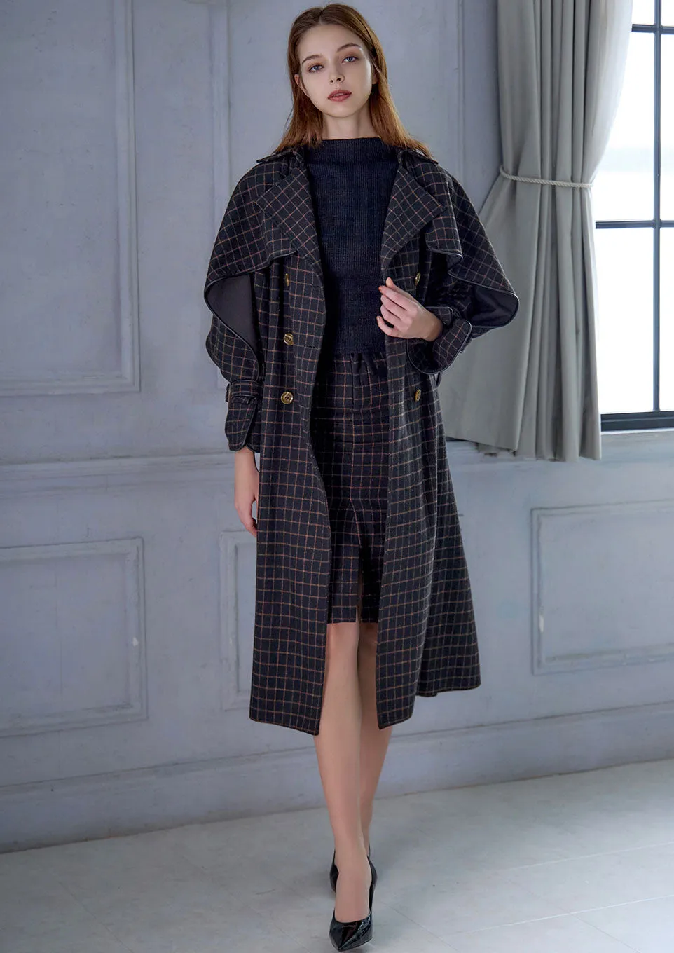 Windowpane umbrella trench coat