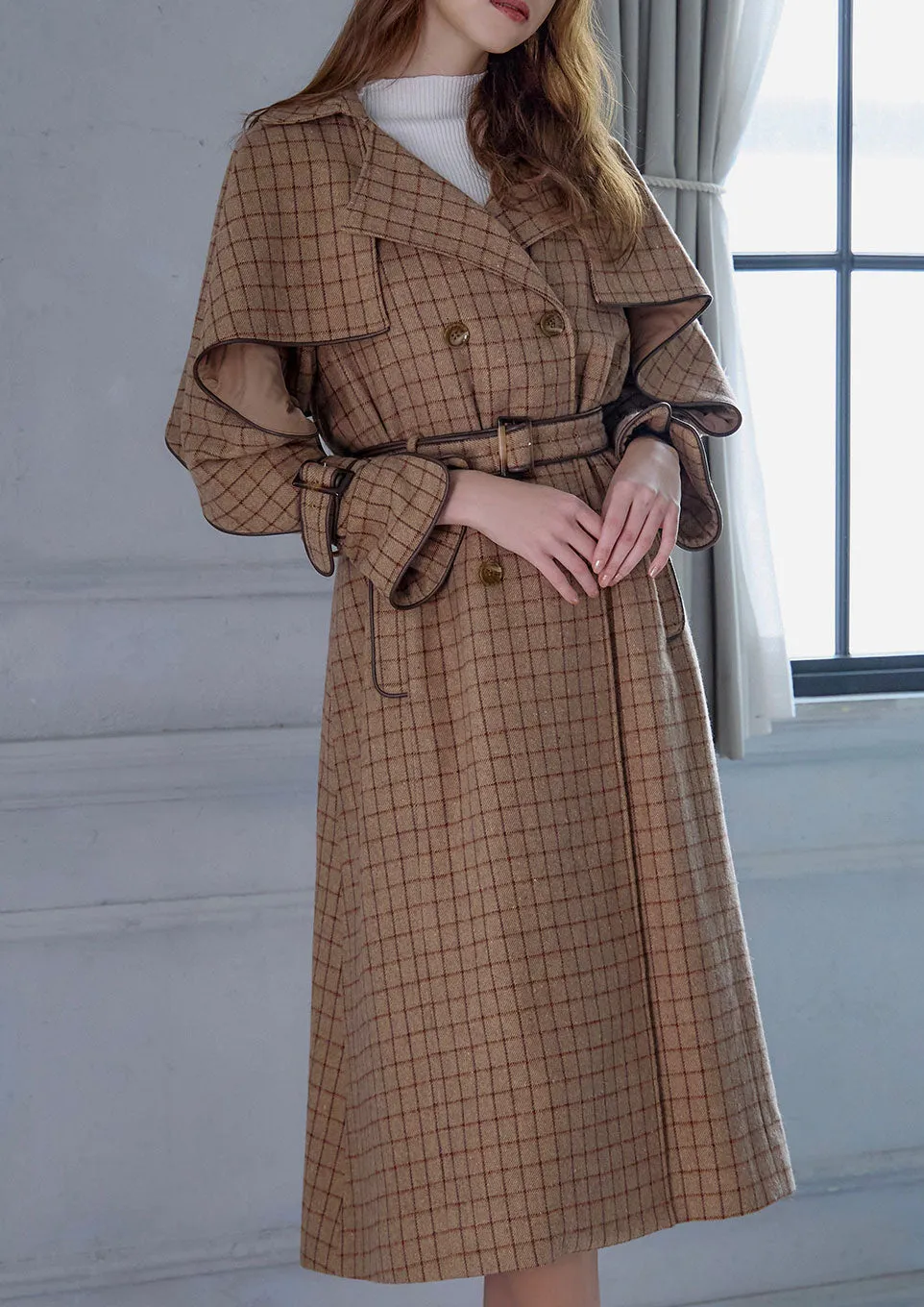 Windowpane umbrella trench coat