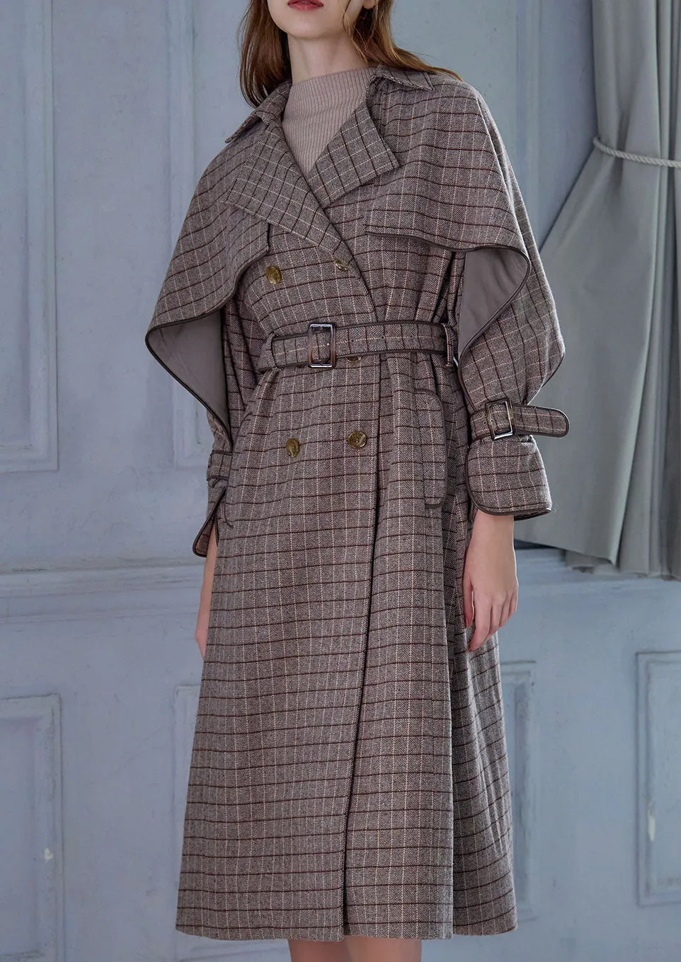 Windowpane umbrella trench coat