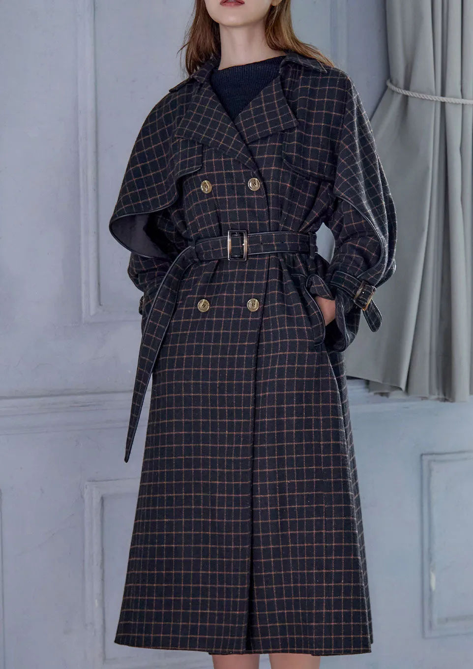 Windowpane umbrella trench coat