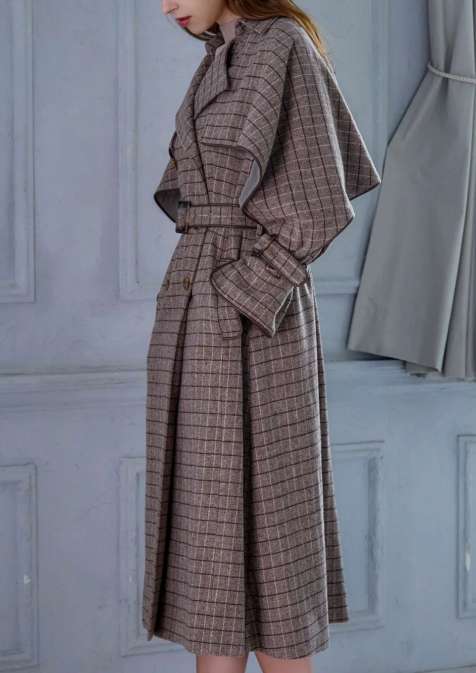 Windowpane umbrella trench coat