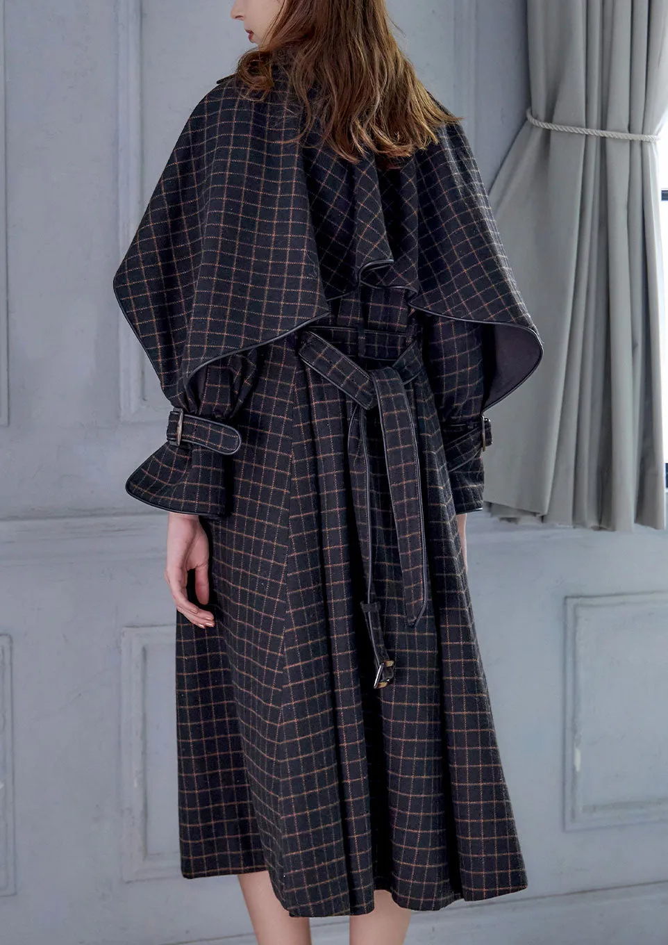 Windowpane umbrella trench coat