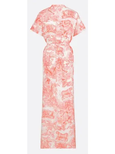 Women’s Belted Toile de Jouy Sauvage Motif Shirt Dress in White and Coral