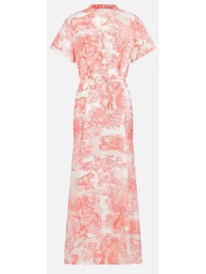 Women’s Belted Toile de Jouy Sauvage Motif Shirt Dress in White and Coral