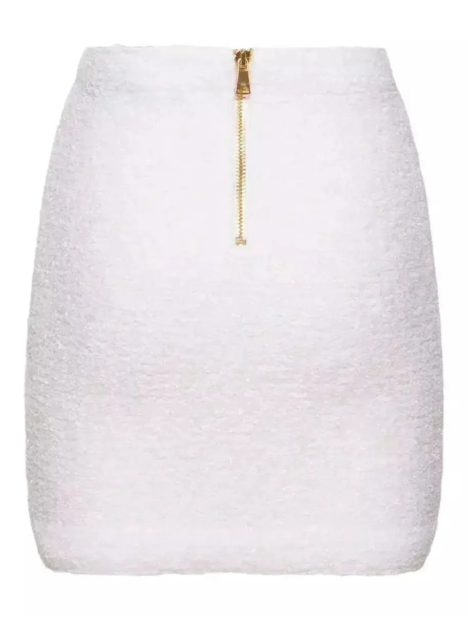 Women’s Buttoned White Tweed Mini Skirt