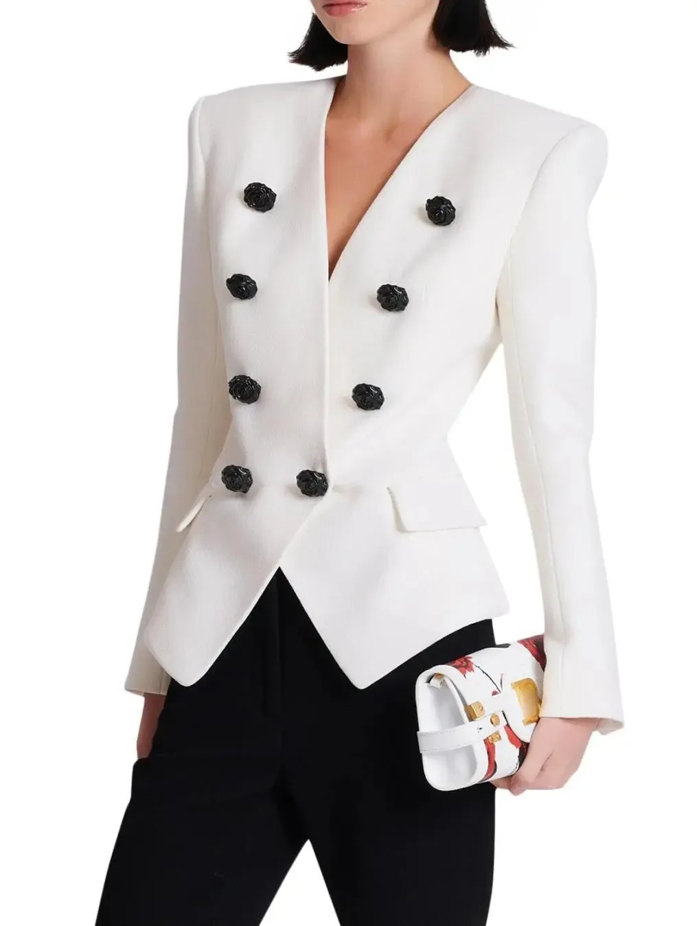 Women’s Collarless Floral-Buttoned Crepe Blazer