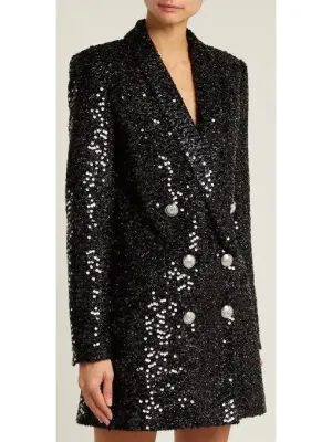 Women’s Double-Breasted Long Sequin Blazer in Black